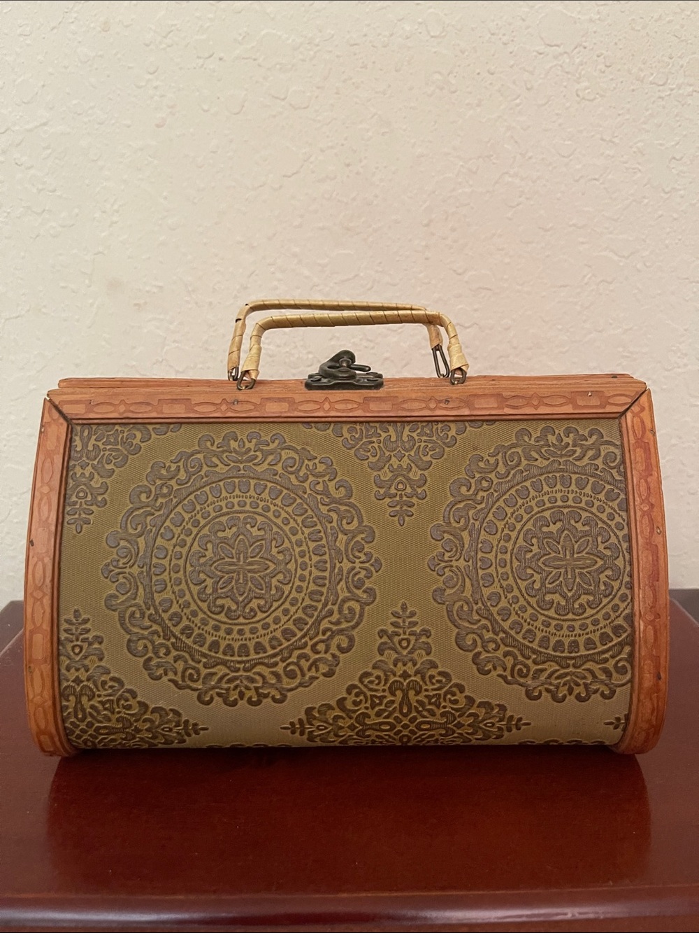 Vintage Wooden Box Purse Mid Century Embossed Leatherette Carved Frame Handbag